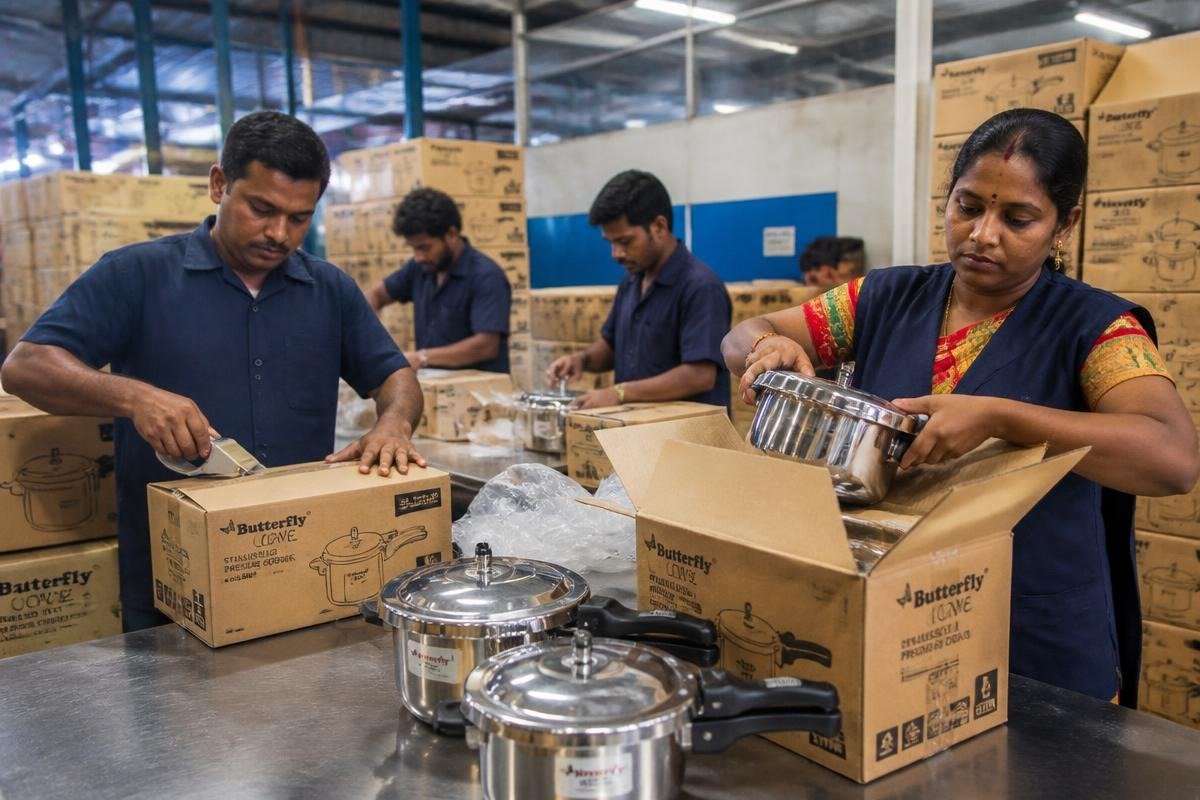 Equipe embalando panelas de pressão no setor de expedição