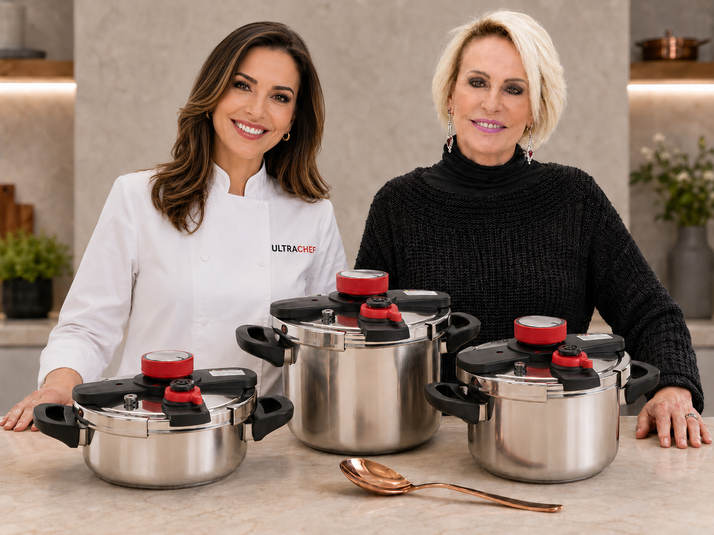 Chefs ao lado de panelas de pressão UltraChef em aço inox sobre a bancada